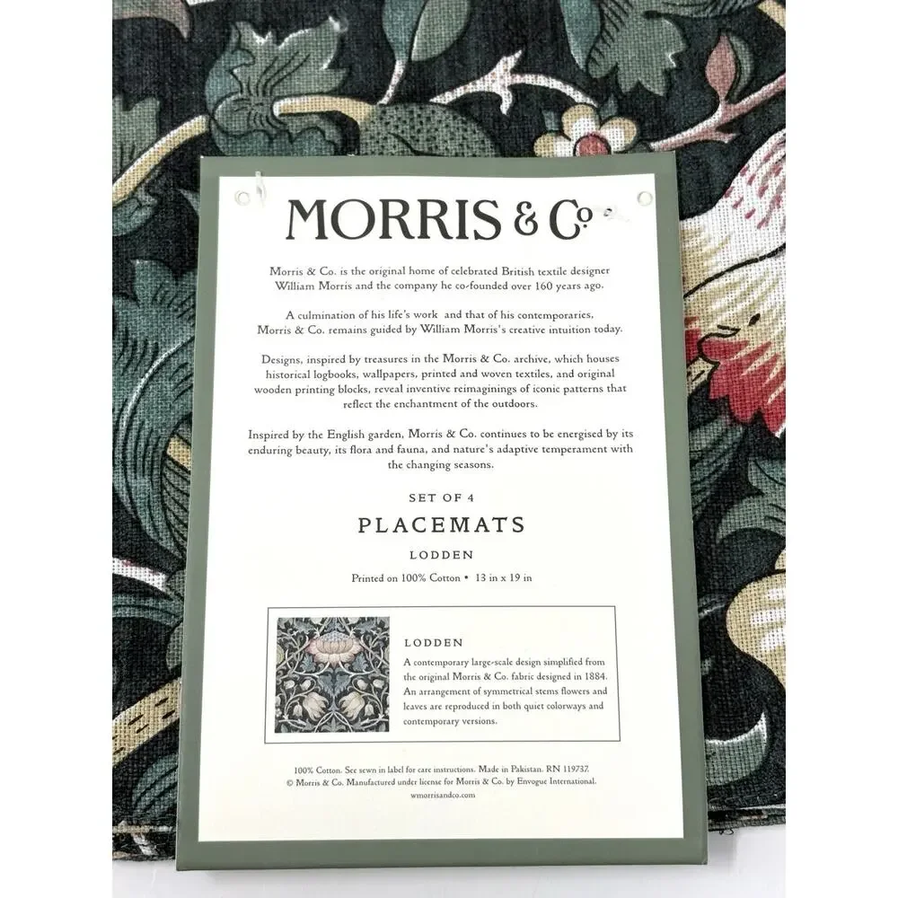William Morris & Co Placemats Lodden 100% Cotton Fabric Dark Green 13x19” Set 4
